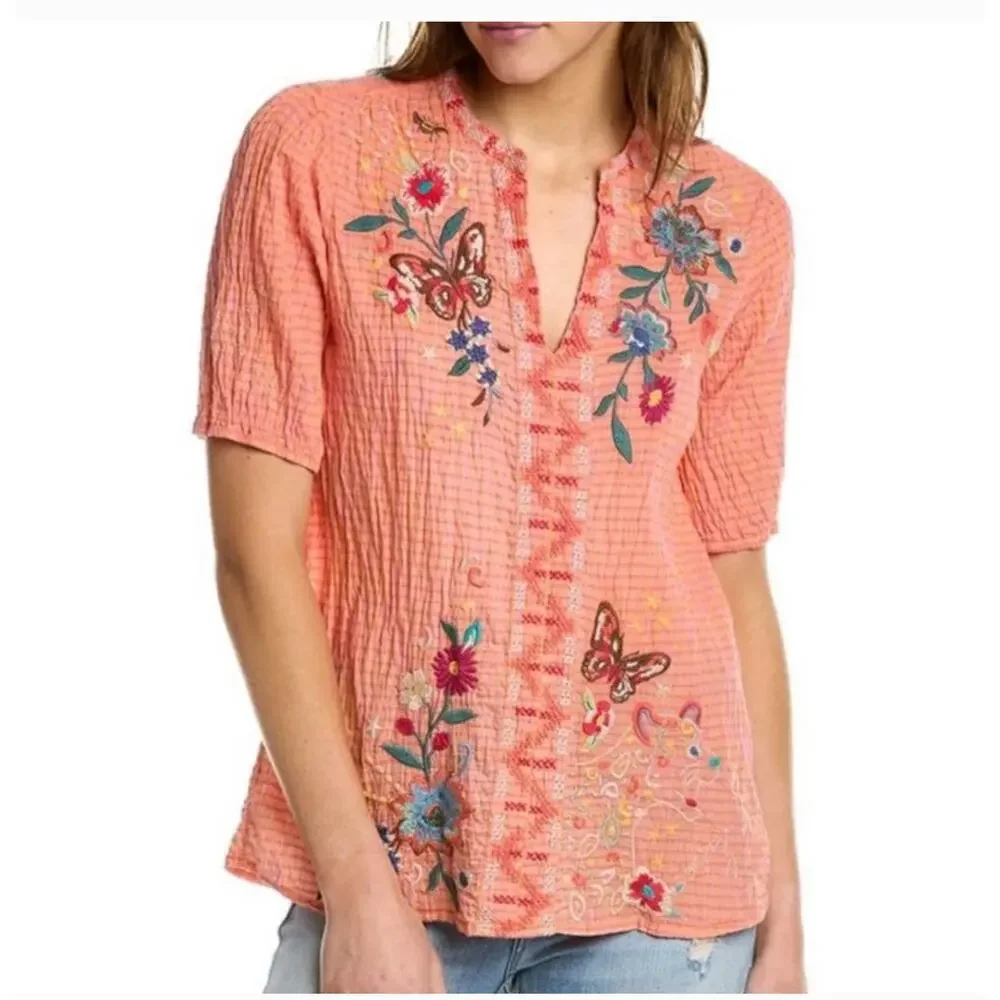 Johnny Was Olinda Embroidered Puff Sleeve Blouse